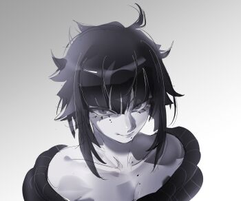 Rule 34 | 1boy, absurdres, androgynous, black hair, bluegeyko, closed mouth, collarbone, colored skin, commentary, english commentary, eyelashes, gradient background, grey background, grey eyes, grey skin, highres, light smile, male focus, messy hair, off-shoulder sweater, off shoulder, portrait, sajii (rdiinmm), sidelocks, solo, sweater