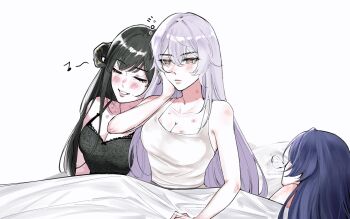 3girls acheron_(honkai:_star_rail) aftersex black_choker black_hair black_swan_(honkai:_star_rail) blush breasts brown_eyes choker cleavage closed_eyes closed_mouth commentary eighth_note hickey highres honkai:_star_rail honkai_(series) horns large_breasts long_hair mole mole_under_eye mormiekub multiple_girls musical_note nose_bubble parted_lips purple_hair simple_background smile squeans symbol-only_commentary tank_top the_dahlia_(honkai:_star_rail) under_covers white_background white_tank_top yuri