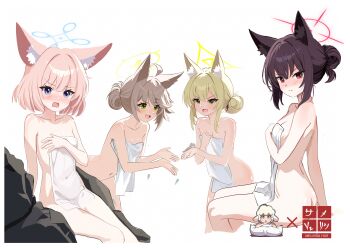 4girls :d absurdres alternate_hairstyle animal_ear_fluff animal_ears ass bilingual_commentary black_hair blonde_hair blue_archive blue_eyes blue_halo blunt_bangs blush breasts brown_hair closed_mouth commentary covered_navel covering_breasts covering_privates embarrassed english_commentary fang feet_out_of_frame fox_ears fox_girl fox_platoon_(blue_archive) frown green_eyes hair_between_eyes hair_bun halo highres invisible_chair kurumi_(blue_archive) leaning_forward looking_at_another looking_at_viewer medium_hair melissa_v2 mixed-language_commentary multiple_girls naked_towel niko_(blue_archive) nose_blush open_mouth otogi_(blue_archive) pink_hair red_eyes red_halo same-sex_bathing shared_bathing sidelocks simple_background single_hair_bun sitting skin_fang smile towel v-shaped_eyebrows white_background yellow_halo yukino_(blue_archive)