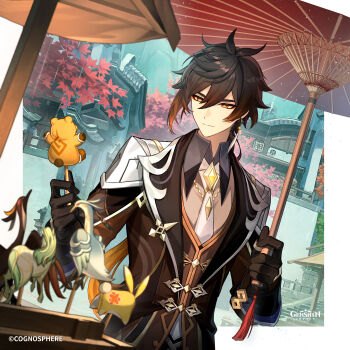 1boy absurdres autumn_leaves black_gloves brooch brown_coat brown_eyes brown_hair closed_mouth coat commentary english_commentary genshin_impact gloves guoba_(genshin_impact) hair_between_eyes highres holding holding_umbrella jewelry leaf long_hair long_sleeves male_focus official_art oil-paper_umbrella outdoors solo tassel umbrella upper_body very_long_hair yellow_eyes yuegui_(genshin_impact) zhongli_(genshin_impact)