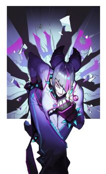 Rule 34 | 1girl, a tai, absurdres, aqua nails, bare shoulders, black gloves, black hair, black pantyhose, border, bracelet, breasts, choker, cleavage, commentary, crop top, diagonal bangs, eyeliner, fingerless gloves, fingernails, foot out of frame, gloves, hair horns, hair over one eye, han juri, hand on own hip, highres, jewelry, large breasts, makeup, multicolored hair, muscular, muscular female, nail polish, pantyhose, parted lips, pink eyeliner, pink hair, pink lips, sharp fingernails, shirt, sleeveless, sleeveless shirt, smile, solo, spiked bracelet, spiked choker, spikes, streaked hair, street fighter, street fighter 6, white border, white shirt