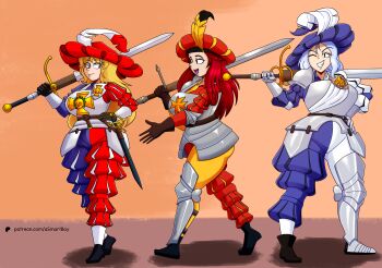 3girls absurdres armor asmart-boy black_shoes blonde_hair blue_hat breasts brown_eyes brown_gloves cross empire_(warhammer_fantasy) fantasy freckles gauntlets gloves green_eyes grey_eyes hat hat_feather highres huge_weapon iron_cross landsknecht large_breasts long_sleeves medium_hair multicolored_pants multicolored_shirt multiple_girls open_mouth original pants puffy_long_sleeves puffy_pants puffy_sleeves red_hair red_hat scabbard sheath shoes smile sword warhammer_fantasy weapon white_hair wide_hips zweihander