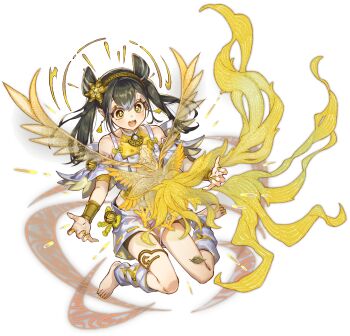 1girl :d absurdres aged_down anonymous_(yu-gi-oh!) barefoot bell bird black_hair bracelet chicken duel_monster earrings flat_chest game_cg halo highres jewelry jingle_bell medium_hair midriff nail_polish non-web_source official_alternate_costume official_art ohime_the_manifested_mikanko open_mouth rooster shorts simple_background smile solo stitched teeth thighlet third-party_edit toenail_polish toenails transparent_background twintails upper_teeth_only yellow_eyes yu-gi-oh! yu-gi-oh!_master_duel