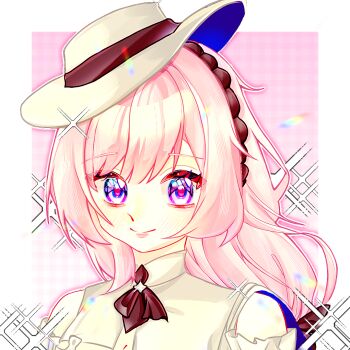 1girl blue_eyes border chinese_commentary commentary_request dress elysia_(honkai_impact) elysia_(sweet_memories)_(honkai_impact) hat honkai_(series) honkai_impact_3rd long_hair looking_at_viewer official_alternate_costume pink_background pink_hair smile solo tilted_headwear very_long_hair white_border white_dress white_hat yingjingxue90662