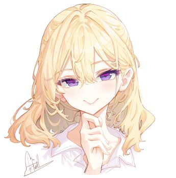1girl akino_sora blonde_hair closed_mouth collared_shirt commentary_request hair_between_eyes hand_up highres looking_at_viewer original portrait purple_eyes shirt signature simple_background smile solo white_background white_shirt