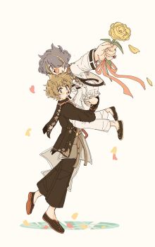 Rule 34 | 2boys, black jacket, black pants, black shoes, blue eyes, brown hair, carrying, carrying person, chokki 01, ensemble stars!, falling petals, flower, full body, hair between eyes, hair over one eye, highres, holding, holding flower, jacket, long sleeves, looking at viewer, male focus, multicolored hair, multiple boys, open mouth, outstretched arm, pants, petals, purple hair, red ribbon, ribbon, sengoku shinobu, shoes, short hair, simple background, smile, standing, standing on one leg, streaked hair, takamine midori, white background, white jacket, yaoi, yellow eyes, yellow flower