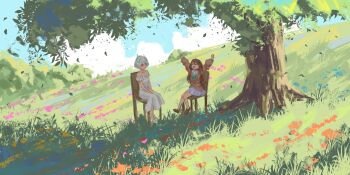 2girls :d absurdres antennae arms_up bare_shoulders blue_skirt blue_sky bow bowtie brown_eyes brown_hair brown_shoes cardigan chair closed_eyes closed_mouth cloud dress ellie_minibot falling_leaves flower frilled_dress frills grass green_bow green_bowtie hair_between_eyes hair_ornament hairclip hands_on_own_hips hashtag-only_commentary highres hill indie_virtual_youtuber kapxapius leaf loafers long_dress long_hair long_sleeves looking_at_another multiple_girls nature neuro-sama on_chair open_mouth outdoors outstretched_arms pleated_skirt sailor_collar shoes sitting skirt sky sleeveless sleeveless_dress smile teeth tree under_tree upper_teeth_only vedal_ai virtual_youtuber white_dress white_sailor_collar white_shoes wide_shot yellow_cardigan