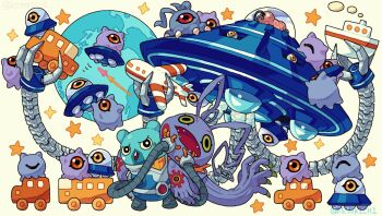 Rule 34 | closed eyes, digimon, digimon (creature), espimon, happy, highres, keramon, kuramon, oblivimon, sharp teeth, smile, teeth, tsumemon