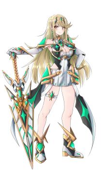 1girl aegis_sword_(xenoblade) bare_shoulders blonde_hair breasts chest_jewel cleavage commentary_request dress full_body hand_on_own_hip highres holding holding_sword holding_weapon large_breasts long_hair microdress simple_background sofusan1526 solo sword tiara weapon white_background white_dress yellow_eyes