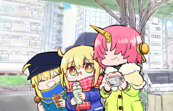 3girls ahoge artoria_pendragon_(fate) baseball_cap black_hat blonde_hair blue_jacket blue_scarf blush brown_capelet brown_eyes building capelet chibi closed_eyes closed_mouth commentary_request day eating fate/grand_order fate_(series) food food_on_face food_request frankenstein's_monster_(fate) fringe_trim fur-trimmed_capelet fur_trim glasses green_jacket grin hair_between_eyes hair_through_headwear hat holding holding_food jacket kasuga_yuuki motor_vehicle multiple_girls mysterious_heroine_x_(fate) mysterious_heroine_x_alter_(fate) outdoors pink_hair pink_scarf red-framed_eyewear scarf smile tree van