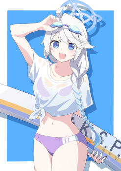 Rule 34 | 1girl, absurdres, bikini, bikini under clothes, bikini visible through clothes, blue archive, blue eyes, blue halo, braid, buoy, eri sano, goggles, goggles on head, grey hair, halo, highres, kirino (blue archive), kirino (swimsuit) (blue archive), navel, open mouth, purple bikini, see-through clothes, see-through shirt, shirt, single braid, swim goggles, swimsuit, tied shirt, wet, wet clothes, wet shirt, white shirt