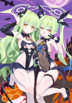 2girls absurdres alternate_costume asymmetrical_legwear bare_shoulders belt black_gloves black_leotard black_tail blue_archive breasts chinese_commentary clothing_cutout detached_collar detached_sleeves fang gloves green_hair green_halo half_gloves halloween halo heart_cutout high_heels highleg highleg_leotard highres hikari_(blue_archive) leotard long_hair micro_shorts microskirt multiple_girls nozomi_(blue_archive) pointy_ears revealing_clothes see-through_clothes see-through_leotard shorts siblings sisters skin_fang skirt small_breasts thigh_belt thigh_strap thighhighs translucent_bunnysuit twins twintails underboob white_thighhighs wrist_cuffs yellow_eyes zalenhpe