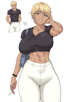 1boy 1girl abs absurdres bag black_shirt blue_eyes breasts cigarette cleavage collarbone colored_eyelashes commentary_request dark-skinned_female dark_skin earrings highres holding holding_cigarette jewelry korean_commentary ksksksa large_breasts looking_at_viewer midriff muscular muscular_female muscular_male navel original pants shaded_face shirt short_hair shoulder_bag tan watch white_pants wristband wristwatch
