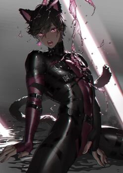1boy animal_ears arm_support arrow_(symbol) artist_name belt black_bodysuit black_hair bloodcat_(babacatcat) bodysuit cat_boy cat_ears cat_tail character_request code_vein cowboy_shot crack_of_light dark-skinned_male dark_skin dated extra_ears eyeliner fangs fingerless_gloves gloves grey_background hair_between_eyes heart heart_in_eye highres honeycomb_(pattern) liquid makeup male_focus mole mole_under_eye motion_blur multicolored_bodysuit multiple_belts nail_(hardware) open_mouth pink_eyes purple_bodysuit purple_nails short_hair sitting solo swept_bangs symbol_in_eye tail toned toned_male two-tone_bodysuit wet wet_hair