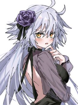 Rule 34 | 1girl, ahoge, black dress, blush, breasts, dress, fate/grand order, fate (series), flower, grey hair, grey shrug, hair flower, hair ornament, highres, jeanne d'arc alter (fate), jeanne d'arc alter (over the same sky) (fate), large breasts, long hair, long sleeves, looking at viewer, open mouth, see-through clothes, see-through sleeves, shrug (clothing), solo, syst098, very long hair, yellow eyes