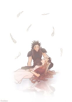 1boy 1girl aerith_gainsborough armor black_hair black_pants blush bracelet brown_hair closed_eyes commentary dress english_commentary facing_another falling_feathers feathers feet_out_of_frame final_fantasy final_fantasy_vii final_fantasy_vii_remake hand_on_another's_head highres indian_style jacket jewelry long_hair lying on_back open_clothes open_jacket open_mouth pants pink_dress red_jacket reflective_floor seilidare short_hair shoulder_armor sitting sleeveless sleeveless_turtleneck smile spiked_hair sweater turtleneck turtleneck_sweater twitter_username white_background white_feathers zack_fair