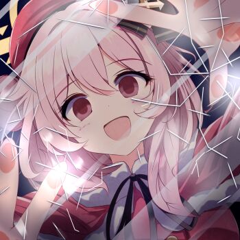 1girl beret blue_archive blush breasts commentary_request crack cracked_glass dark_background empty_eyes fourth_wall furisuku_(gerbera) hair_ornament halo hat highres medium_hair official_alternate_costume pink_eyes pink_hair portrait reaching reaching_towards_viewer ribbon screen serina_(blue_archive) simple_background small_breasts solo yandere