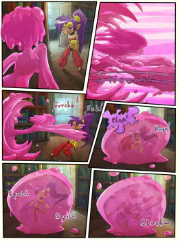 ! 2girls absorption assimilation bent_over bookshelf breasts cleavage comic death digesting_girl digestion dissolving_clothes english_text highres hip_focus indoors large_breasts liquid_hair midriff monster_girl multiple_girls navel nipples pointy_ears ponytail purple_hair shantae shantae:_half-genie_hero shantae_(series) slime_girl slimegal_(shantae) stomach text_focus torn_clothes vore