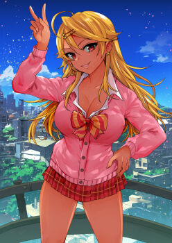 Rule 34 | 1girl, amaryllis gumi, blonde hair, blush, breasts, city, dark-skinned female, dark skin, earrings, fang, fingernails, gyaru, hair ornament, hairclip, hand on own hip, highres, jewelry, large breasts, lips, long hair, looking at viewer, nakasone haiji, open mouth, ouga saki, school uniform, shiny skin, skin fang, sky, smile, standing, v, virtual youtuber, wide hips