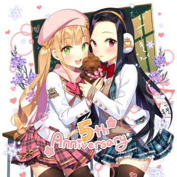 2girls :d bag beret black_hair blazer blonde_hair blush bow bowtie breasts brown_jacket clarice_lapis closed_mouth collared_shirt cover cover_page cowboy_shot dress_shirt fang flower food frilled_skirt frills green_eyes hair_ornament hairband hat headphones heart holding holding_hands interlocked_fingers jacket lina_princella long_hair long_sleeves looking_at_viewer miniskirt mole mole_under_eye multiple_girls novel_cover open_clothes open_jacket open_mouth pantyhose petals petticoat pink_bow plaid_clothes plaid_skirt pleated_skirt purple_eyes red_bow red_eyes ribbon sailor_collar salt_(salty) school_uniform serafuku shirt shoes skindentation skirt sleeves_past_wrists smile standing standing_on_one_leg stuffed_animal stuffed_toy sweater_vest teddy_bear thighhighs twintails uchi_no_hime-sama_ga_ichiban_kawaii unmoving_pattern very_long_hair vest white_jacket white_shirt zettai_ryouiki