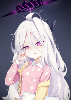 absurdres ahoge black_halo blue_archive blush breasts demon_girl demon_horns halo highres hina_(blue_archive) hina_(pajamas)_(blue_archive) horns jacket long_hair looking_at_viewer mark1019 pajamas pink_pajamas polka_dot polka_dot_pajamas purple_eyes simple_background sleepy small_breasts upper_body very_long_hair white_hair yellow_jacket