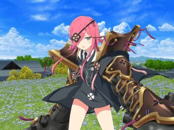 1girl :o architecture armor black_necktie blue_eyes blue_flower blue_sky blush bow building city cloud day east_asian_architecture emblem eyepatch field flat_chest flower flower_field forest grass hair_ornament hair_over_one_eye jacket japanese_armor kazakiri_(senran_kagura) looking_at_viewer low_twintails mountain mountainous_horizon nature necktie official_art open_mouth outdoors pink_hair power_claw school_uniform senran_kagura senran_kagura_new_link shiny_skin shirt short_hair short_twintails shoulder_armor skirt sky skyscraper sode solo standing tassel tongue tree twintails white_shirt yaegashi_nan