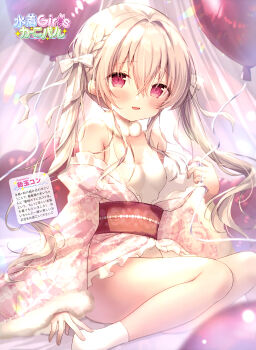 Rule 34 | 1girl, :d, absurdres, amedamacon, armpit crease, artist name, balloon, blush, bow, braid, breasts, brown hair, choker, dengeki moeoh, frilled kimono, frills, fur choker, hair between eyes, hair bow, heart balloon, highres, japanese clothes, kimono, kimono partially removed, long hair, looking at viewer, magazine scan, obi, one-piece swimsuit, open mouth, original, red eyes, red sash, sash, scan, side braid, sitting, small breasts, smile, socks, solo, swimsuit, thighs, third-party source, translation request, twintails, white bow, white choker, white kimono, white one-piece swimsuit, white socks