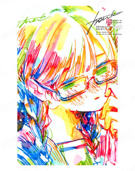 1girl artist_name blush border braid closed_mouth colorful commentary_request glasses hand_up highres long_hair low_twin_braids original portrait school_uniform serafuku signature twin_braids watanabe_tomari watermark white_border