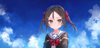 1girl blue_sky brown_eyes brown_hair cloud commentary_request h.yasai hair_ribbon highres light_blush looking_at_viewer miyoshi_karin neck_ribbon red_ribbon ribbon sanshuu_middle_school_uniform school_uniform sky solo twintails yuuki_yuuna_wa_yuusha_de_aru yuusha_de_aru