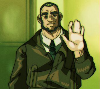 1boy beard black_coat black_hair blue_necktie chinstrap_beard closed_mouth coat commentary dress_shirt english_commentary expressionless facial_hair grgxrt highres leather_coat male_focus mole mole_above_mouth mole_under_eye necktie original overcoat receding_hairline shirt short_hair solo thick_eyebrows waving white_hair