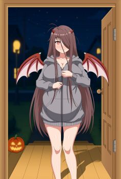 1girl absurdres atri_(artist) blush breasts brown_hair demon_horns demon_wings doorway halloween halloween_costume highres hood hoodie horns large_breasts long_hair looking_at_viewer night original pregnant red_eyes undressing wings