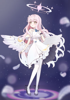 1girl absurdres black_shoes blue_archive blue_bow blue_bowtie blush bow bowtie capelet commentary dress feathered_wings flower from_side hair_ornament hair_scrunchie halo high_heels highres long_hair looking_to_the_side low_wings mika_(blue_archive) open_mouth pantyhose pink_hair pink_halo purple_scrunchie scrunchie shoes solo user_pnez3722 white_capelet white_dress white_pantyhose white_scrunchie white_wings wings wrist_scrunchie yellow_eyes