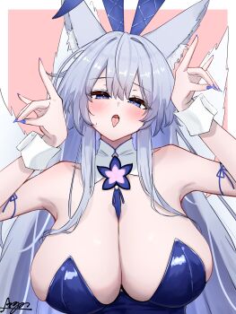 1girl :p absurdres animal_ear_fluff animal_ears argar_demo azur_lane bare_shoulders between_breasts blue_eyes blue_leotard blue_nails blush breasts brown_background cleavage collar commentary_request detached_sleeves fake_animal_ears fingernails flower flower_necklace fox_ears fox_girl fox_shadow_puppet hands_up highres huge_breasts jewelry leotard long_fingernails long_hair looking_at_viewer necklace official_alternate_costume outside_border playboy_bunny rabbit_ears shinano_(azur_lane) shinano_(visions_of_fantasy)_(azur_lane) signature simple_background skindentation solo tongue tongue_out undersized_breast_cup upper_body very_long_hair white_background white_collar white_hair wrist_cuffs