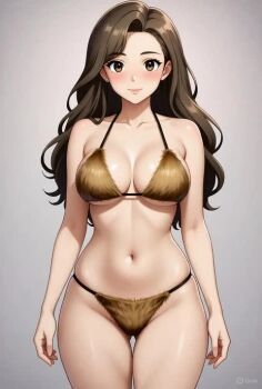 1girl ai-generated animated bikini black_hair brown_hair fur_bikini merkin solo sound swimsuit tagme thighs video watermark