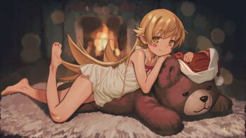 1girl absurdres back_bow bare_arms bare_legs barefoot blonde_hair blurry blurry_background blush_stickers bokeh bottomless bow christmas collarbone dated depth_of_field dot_nose dress dress_bow fang feet fireplace flat_chest flipped_hair from_side full_body hair_between_eyes hair_flaps hands_on_another's_head hat highres large_teddy_bear leg_up long_hair looking_at_viewer lying monogatari_(series) no_panties on_side oshino_shinobu outstretched_leg pointy_ears red_bow ringed_eyes santa_hat sidelocks signature smile solo sundress very_long_hair white_carpet white_dress yellow_eyes youyueyue