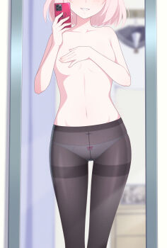 1girl :d black_pantyhose blue_archive blush breasts collarbone commentary covering_breasts covering_privates english_commentary feet_out_of_frame glint grin hands_up highres indoors madoka_(user_zrnk8278) medium_hair mirror navel niko_(blue_archive) open_mouth panties panties_under_pantyhose pantyhose pink_hair reflection seductive_smile selfie small_breasts smile solo standing stomach thighband_pantyhose topless_female underwear white_panties