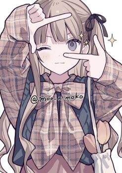 1girl bag black_eyes black_ribbon black_sweater_vest blush brown_hair brown_ribbon brown_shirt closed_mouth earrings finger_frame flower hair_ribbon hands_up jewelry looking_at_viewer moo_n_moko neck_ribbon one_eye_closed orange_flower orange_tulip original plaid_clothes plaid_ribbon plaid_shirt ribbon shirt sidelocks smile solo sparkle straight-on sweater_vest tote_bag tulip twitter_username two_side_up upper_body v-shaped_eyebrows white_background