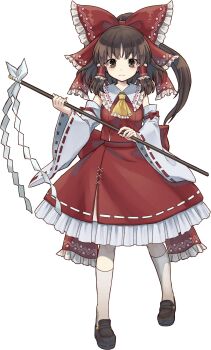 1girl absurdres ascot back_bow bow brown_eyes brown_hair closed_mouth detached_sleeves embellished_costume frilled_bow frilled_hair_tubes frills full_body game_cg gohei hair_bow hair_tubes hakurei_reimu highres holding holding_gohei long_hair looking_at_viewer marisa_of_liartop_mountain non-web_source official_art red_bow red_skirt ribbon-trimmed_skirt ribbon-trimmed_sleeves ribbon_trim second-party_source skirt skirt_set socha solo touhou transparent_background yellow_ascot