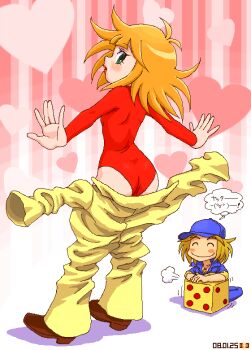 1boy 1girl ass baseball_cap blush_stickers breasts closed_eyes commentary_request dated dice green_eyes hat heart heart_background kaminari_ai leotard medium_hair mochi-iri_kinchaku motion_lines oekaki omotchama orange_hair red_leotard red_lips sitting small_breasts striped_background takada_gan translation_request yatterman