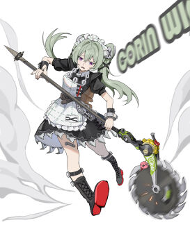1girl 863255464 absurdres animal_bag apron bandaid bandaid_on_leg bear_bag black_boots black_dress boots character_name circular_saw commentary_request corin_wickes cuffs dress full_body green_hair hair_between_eyes highres holding holding_weapon knee_boots long_hair looking_at_viewer maid maid_apron maid_headdress puffy_short_sleeves puffy_sleeves purple_eyes saw screw_hair_ornament short_sleeves simple_background solo twintails weapon white_background zenless_zone_zero