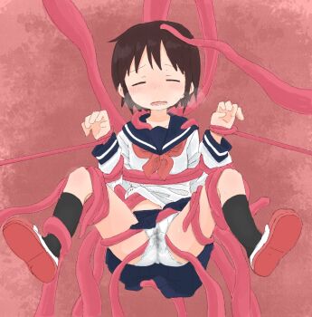 1girl blue_sailor_collar blue_skirt blush breath brown_hair closed_eyes clothes_lift facing_viewer female_focus flat_chest full_body hands_up loli long_sleeves m_legs miniskirt neckerchief nose_blush open_mouth original panties pink_background pleated_skirt ponnu_(tnpn2yw) pussy_juice raised_eyebrows red_neckerchief red_shoes restrained sailor_collar school_uniform serafuku shirt shoes short_hair sidelocks skirt skirt_lift solo spread_legs straight-on sweat teeth tentacles tentacles_under_clothes underwear variant_set wavy_mouth wet wet_clothes wet_panties white_panties white_shirt