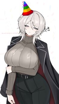 1girl ? belt black_belt black_jacket black_pants blue_eyes breasts brown_sweater faust_(project_moon) hand_on_own_arm hat highres huge_breasts jacket jacket_on_shoulders limbus_company m_ayonessa pants party_hat project_moon short_hair simple_background solo sweater turtleneck turtleneck_sweater white_background white_hair