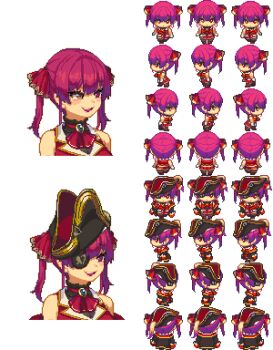 1girl alpha_transparency black_jacket cleavage eyepatch hat heterochromia highres hololive houshou_marine jacket open_mouth pirate_hat pixel_art red_eyes red_hair see-through_clothes see-through_cleavage smile sprite_art sprite_sheet tengu_nouzu twintails virtual_youtuber yellow_eyes