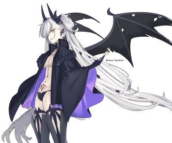 1girl black_cloak black_panties black_thighhighs body_markings breasts candy cloak commentary_request demon_girl demon_horns demon_wings ear_piercing fate/grand_order fate_(series) food grey_hair highres horns house_tag_denim korean_commentary large_breasts lilith_(fate) lilith_(second_ascension)_(fate) lollipop long_hair looking_at_viewer navel panties piercing pointy_ears pubic_tattoo solo stomach_tattoo tattoo thighhighs thighs twintails underwear very_long_hair wings yellow_eyes