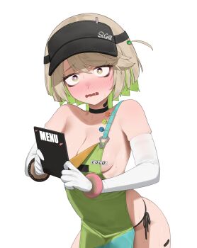 1girl apron black_choker blush breasts choker coco_(zenless_zone_zero) colored_inner_hair flasso gloves green_apron green_eyes green_hair highres menu multicolored_hair short_side_ponytail simple_background solo visor_cap white_gloves zenless_zone_zero