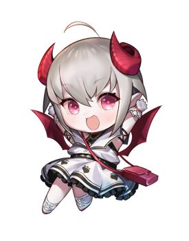 1girl ahoge ankle_lace-up arm_strap arms_up bag belt blush bracelet chibi chibi_only collar cross cross_print curled_horns demon_girl demon_horns demon_wings dress fang floating frilled_dress frills full_body gloves grey_hair hair_between_eyes handbag heart heart_print highres horns jewelry knees_up looking_at_viewer makaino_ririmu makaino_ririmu_(1st_costume) nijisanji no_socks open_mouth oshake outstretched_arms pointy_ears red_bag red_collar red_eyes red_horns red_shoes red_wings shirt_under_dress shoes short_hair shoulder_bag sidelocks simple_background skin_fang smile solo spread_arms undershirt virtual_youtuber white_background white_dress white_gloves white_shoes wings