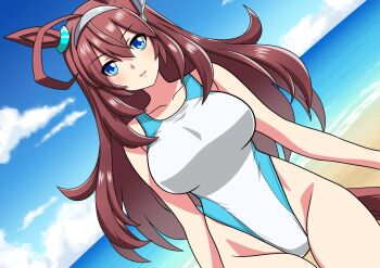 Rule 34 | 1girl, ahoge, alternate costume, animal ears, beach, blue eyes, blue sky, brown hair, closed mouth, cloud, cloudy sky, commentary request, competition swimsuit, day, dutch angle, grey hairband, hair between eyes, hairband, highleg, highleg one-piece swimsuit, horse ears, horse girl, horse tail, looking at viewer, mihono bourbon (umamusume), ocean, one-piece swimsuit, sky, smile, solo, swimsuit, tail, umamusume, white one-piece swimsuit, yuuyuu (3jjbn)