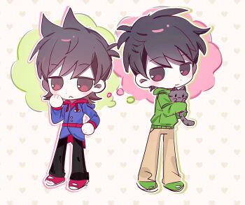 2boys animal black_pants blue_coat blush brown_eyes brown_hair brown_pants cat chibi chibi_only coat commentary edd_(eddsworld) eddsworld eye_contact full_body future_tord_(eddsworld) green_hoodie green_shoes grey_cat hair_ears heart highres holding holding_animal holding_cat hood hood_down hoodie jitome long_sleeves looking_at_another male_focus multiple_boys pants red_eyes red_hoodie red_shoes ringo_(eddsworld) shoes short_hair speech_bubble standing symbol-only_commentary thought_bubble tord_(eddsworld) yunian77