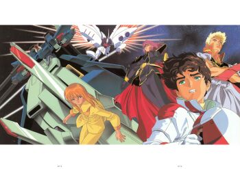 1990s_(style) 2boys 2girls absurdres age_difference beam_cannon beam_rifle blonde_hair brown_hair clenched_teeth energy_gun glemy_toto green_eyes gundam gundam_zz haman_karn highres judau_ashta kitazume_hiroyuki machinery mecha mecha_pilot_suit military_uniform mobile_suit multiple_boys multiple_girls neo_zeon orange_hair pajamas pink_hair puru_two qubeley retro_artstyle robot scan scene_reference science_fiction shield space teeth thrusters traditional_media v-fin weapon yellow_pajamas zero_gravity zz_gundam