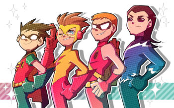 4boys aqualad black_gloves black_hair black_sclera blue_eyes brown_hair cartoon_network colored_sclera dc_comics eye_mask gloves green_gloves kid_flash ladama mask multiple_boys orange_hair red_gloves robin_(dc) salute size_difference sparkle speedy_(dc) spiked_hair superhero_costume teen_titans two-finger_salute white_eyes
